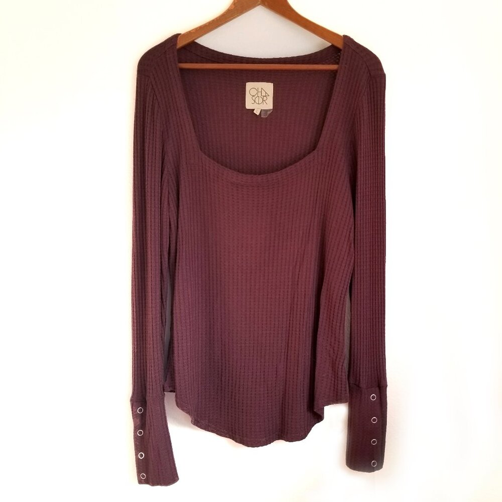 Chaser Waffle Knit Long Sleeve Thermal Top Deep Scoop Neck Size Large Merlot